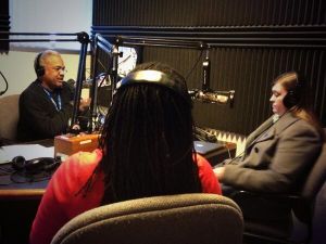 Freedom Indiana's Megan Robertson (R), Indy Chamber's Angela Smith-Jones (C) in studio with Amos